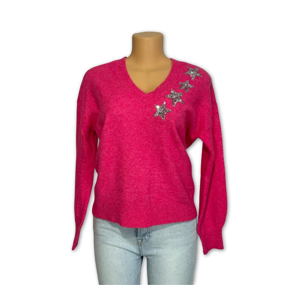 LOFT Hot Pink V Neck Sweater Star Embellishment Long‎ Sleeve Cozy Women Size L